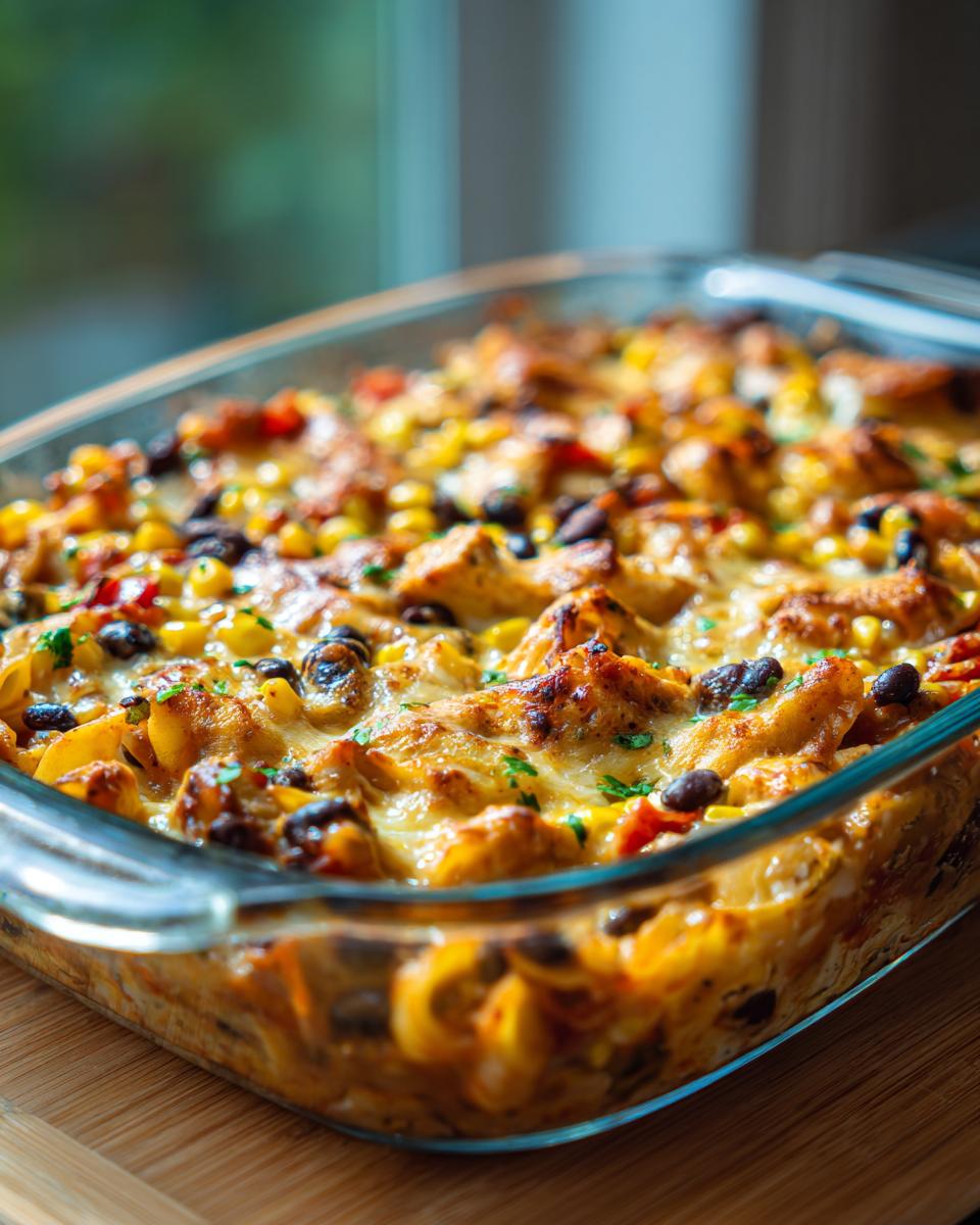 A close-up of a freshly baked Mexican chicken pasta casserole in a glass dish, topped with melted cheese, corn, and black beans.