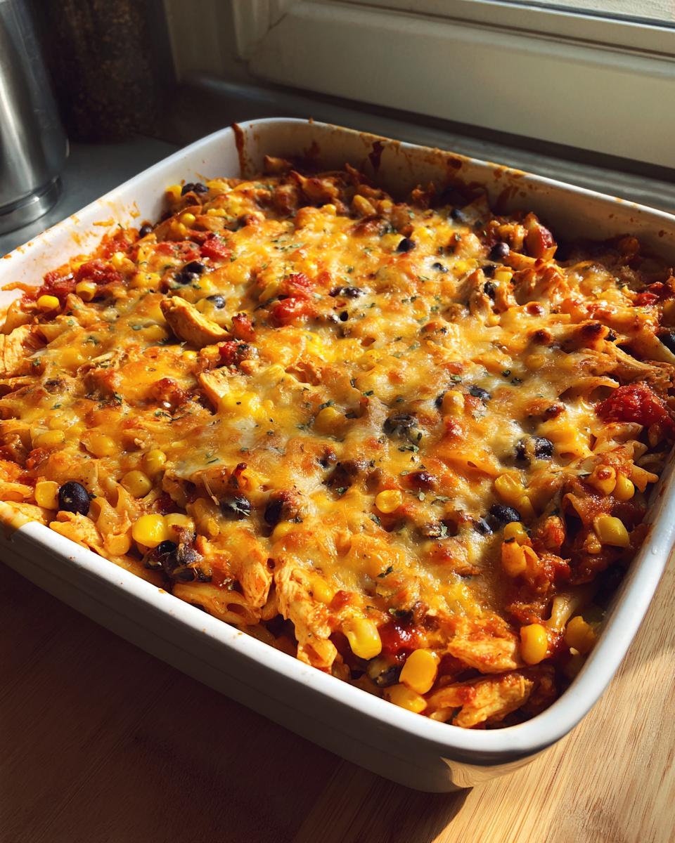A close-up of a freshly baked Mexican chicken pasta casserole in a white baking dish, topped with melted cheese, corn, and black beans.