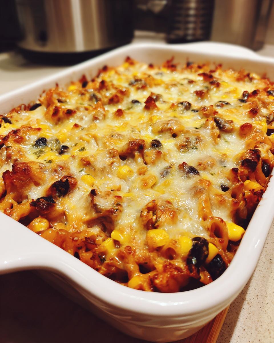 A close-up shot of a bubbly Mexican chicken pasta casserole with melted cheese, corn, and black beans.