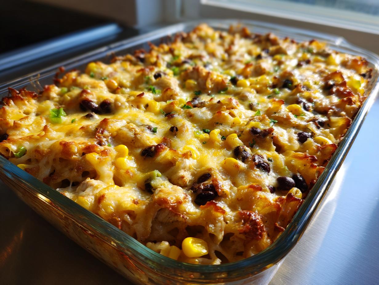 A close-up of a golden brown Mexican chicken pasta casserole in a glass baking dish, topped with melted cheese, corn, and beans.