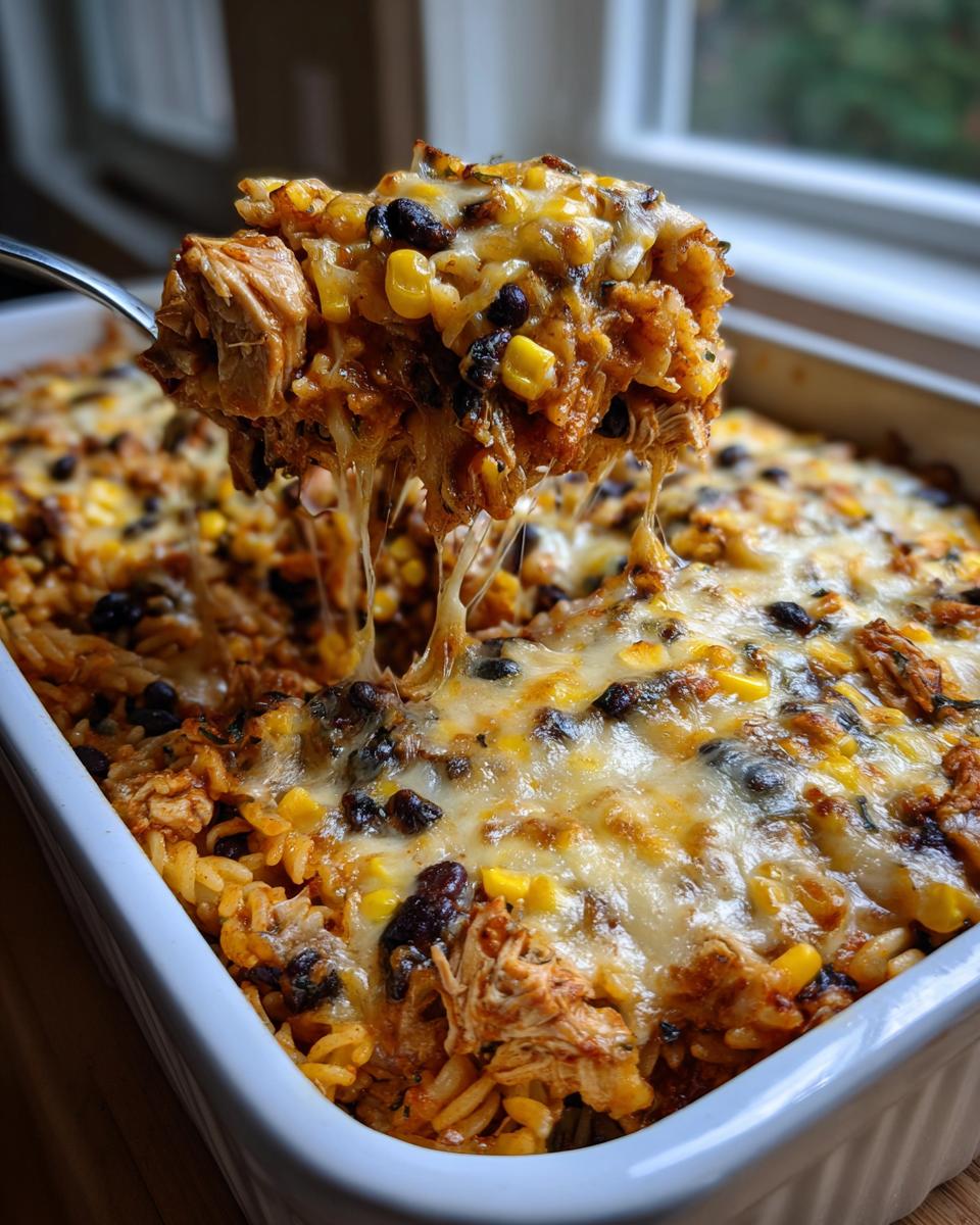 A fork lifting a cheesy serving of Mexican chicken pasta casserole, showing shredded chicken, black beans, corn, and melted cheese.