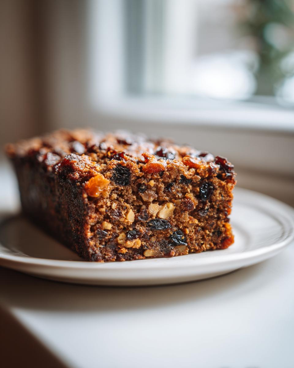 Close-up of a rich, dark slice of moist fruit cake loaded with dried fruits and nuts, resting on a white plate.