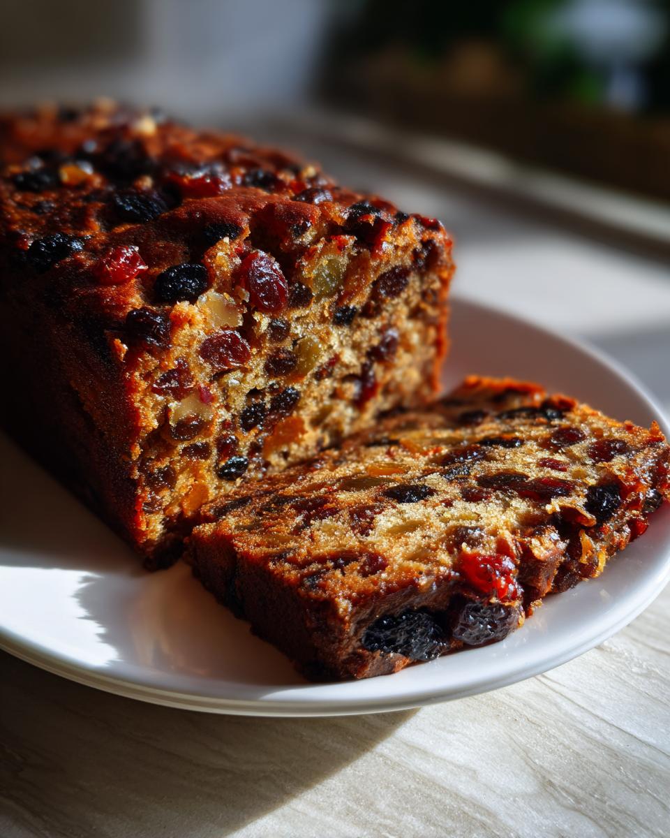 A moist fruit cake loaf, partially sliced, showcasing rich dried fruits and nuts on a white plate.