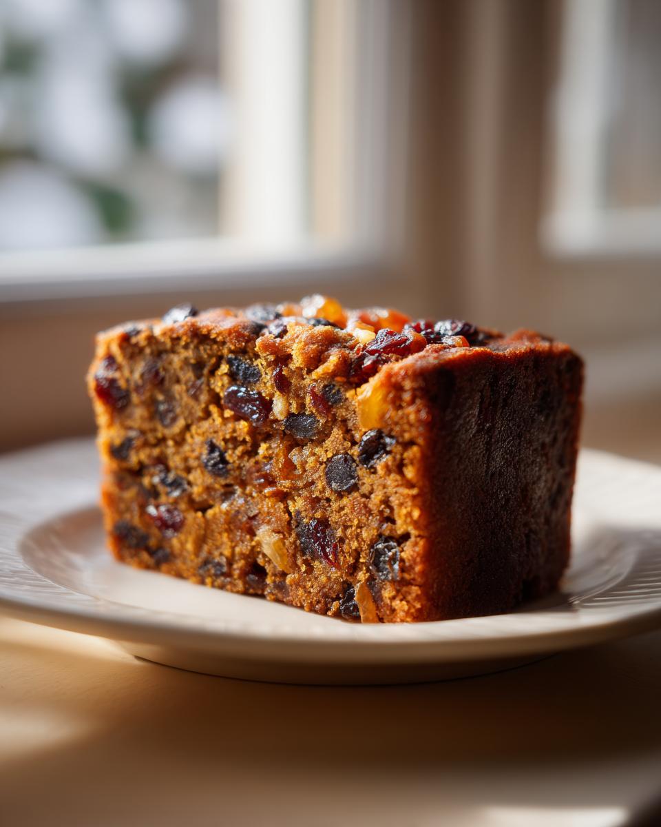 Close-up of a thick slice of moist fruit cake, rich in dark dried fruits and candied peel, sitting on a white plate.