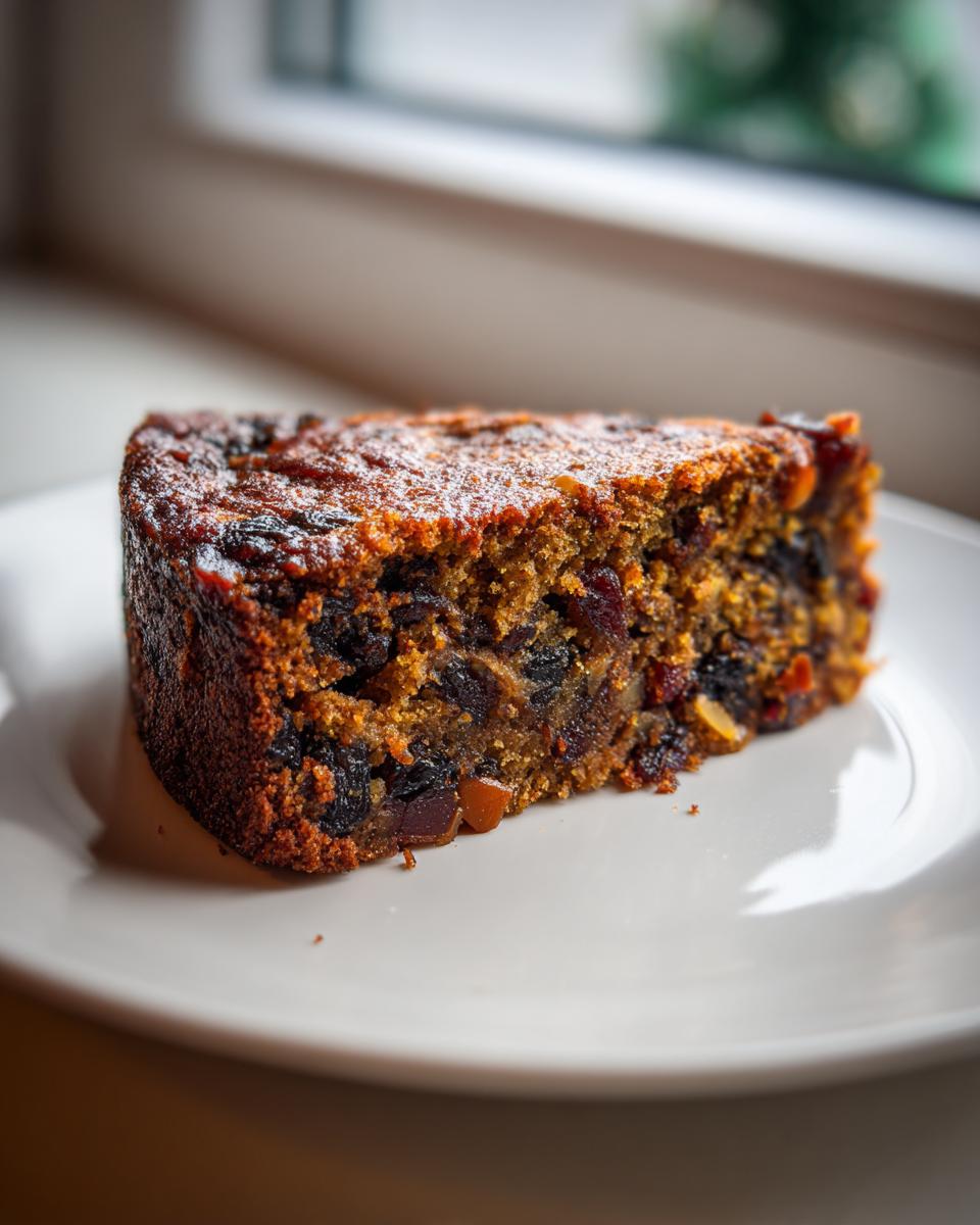 Close-up of a moist fruit cake slice dusted with powdered sugar on a white plate.