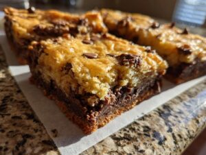 Close-up of two decadent Neiman Marcus cake slices, layered with chocolate and topped with chocolate chips.