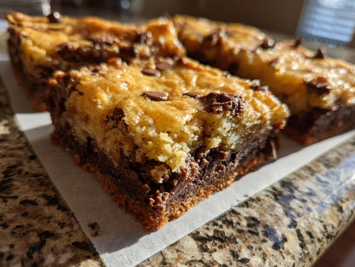 Close-up of two decadent Neiman Marcus cake slices, layered with chocolate and topped with chocolate chips.