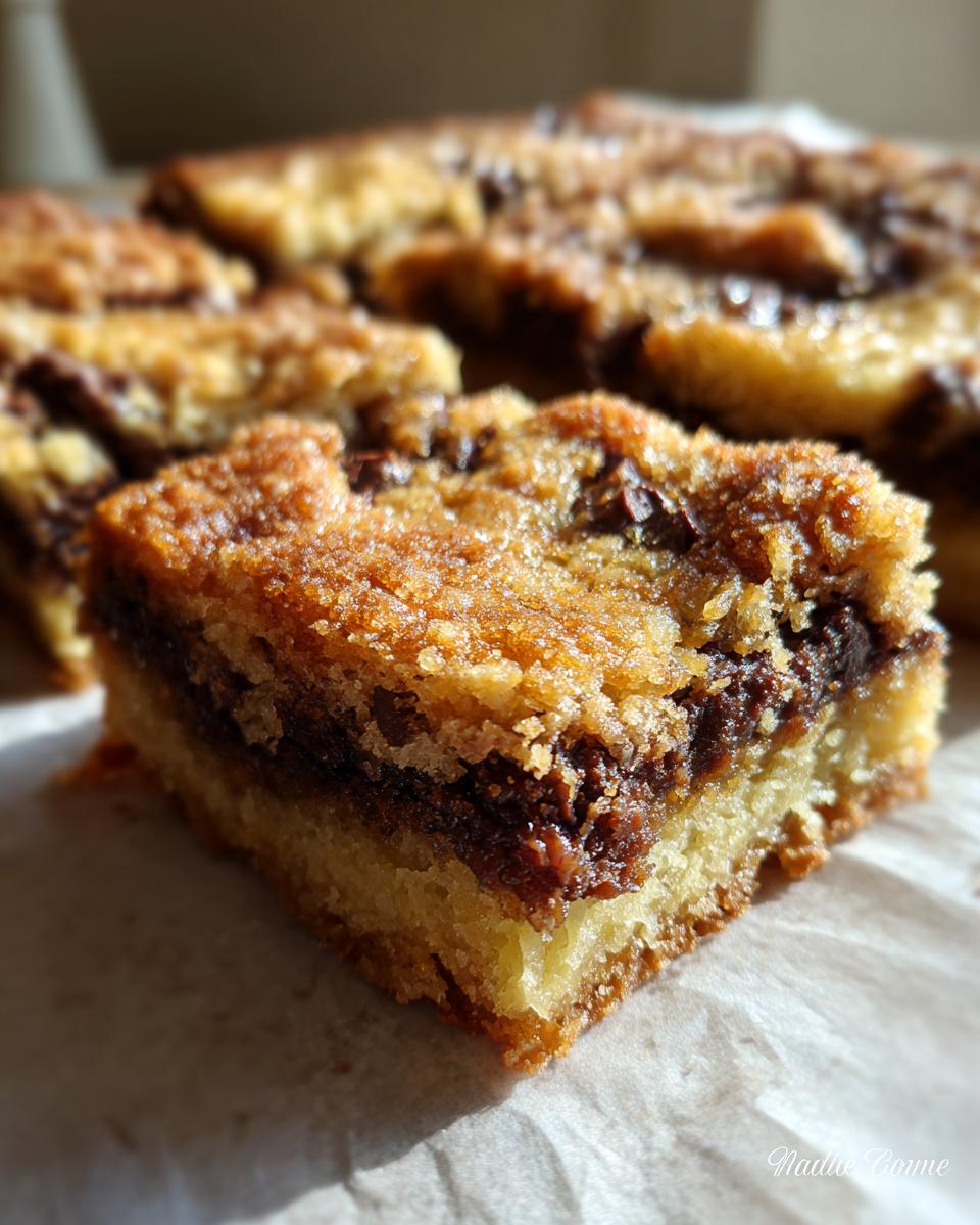 Close-up of a rich Neiman Marcus cake slice with layers of chocolate and a crumbly topping.