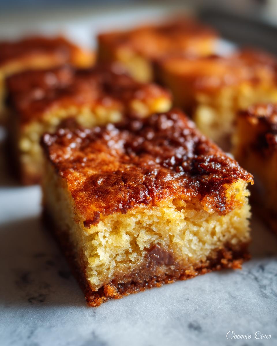 Close-up of a rich, decadent Neiman Marcus cake, sliced and ready to serve, with a glistening caramelized topping.