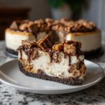 A decadent slice of no bake cookie dough cheesecake topped with chocolate drizzle and cookie crumbles.