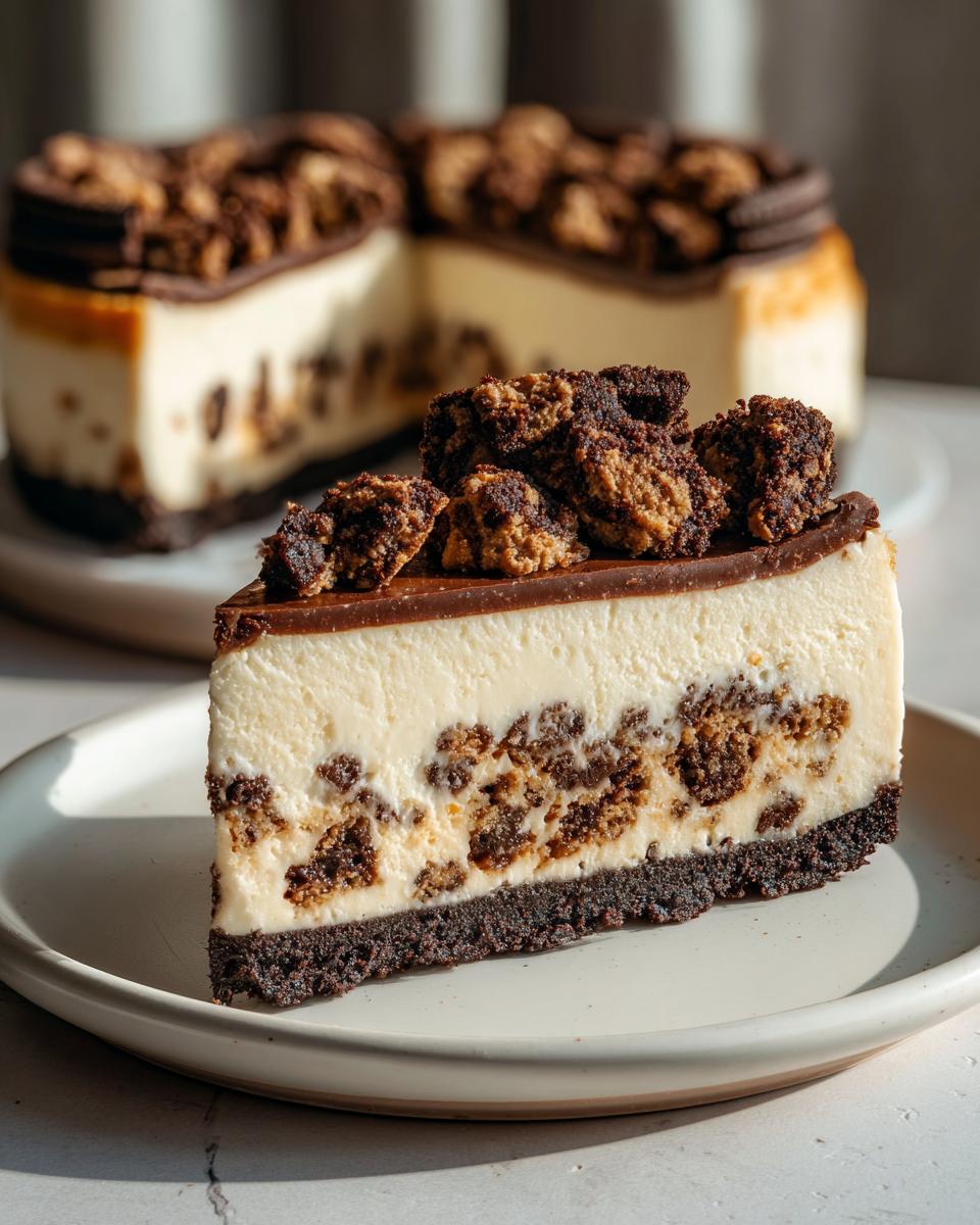 A slice of no bake cookie dough cheesecake with chocolate chunks and cookie crumbles on top.