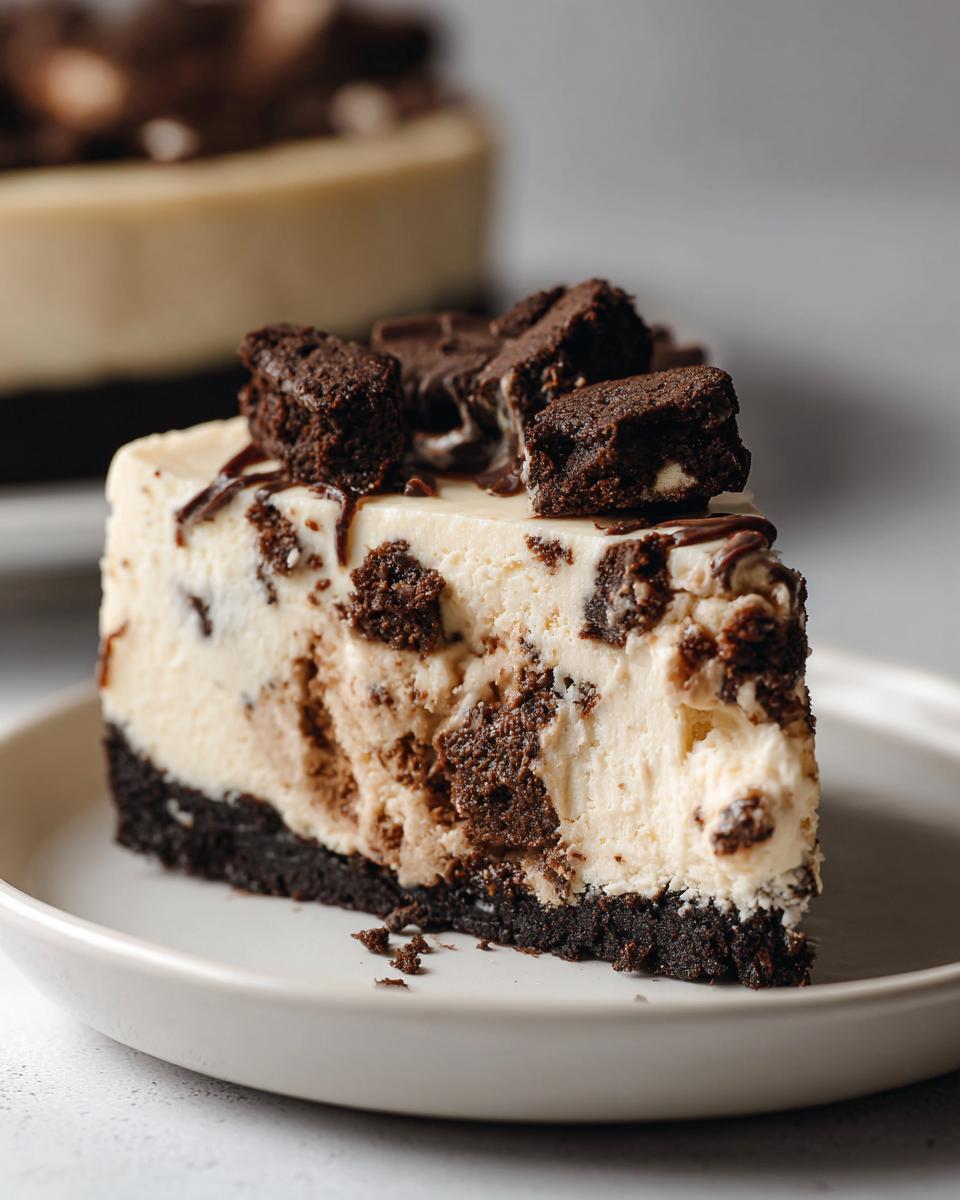 A decadent slice of no bake cookie dough cheesecake with brownie chunks and chocolate drizzle.