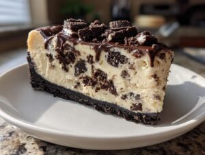 A decadent slice of no bake cookie dough cheesecake with a chocolate cookie crust, topped with chocolate drizzle and cookie pieces.