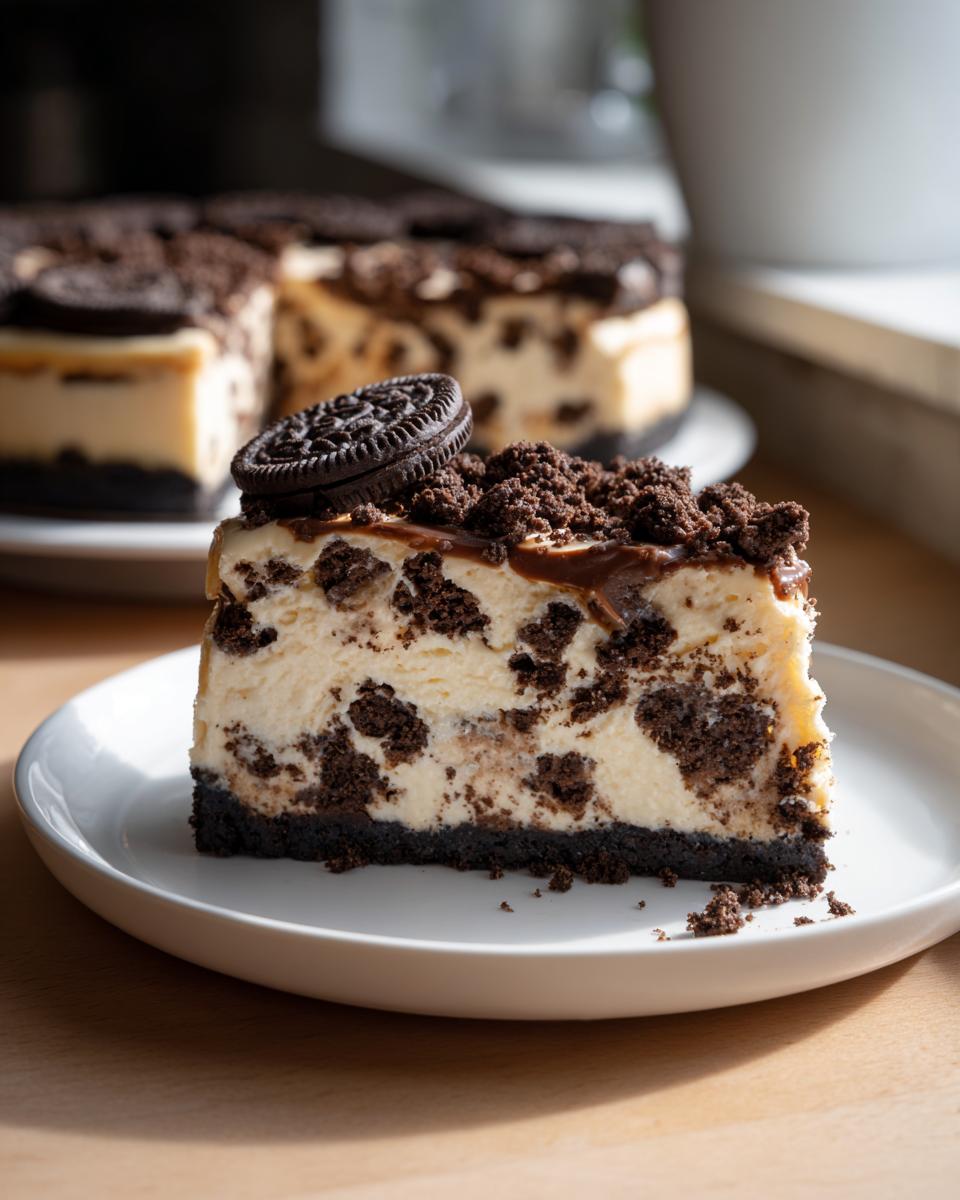 A slice of no bake cookie dough cheesecake topped with cookie crumbles and an Oreo cookie.