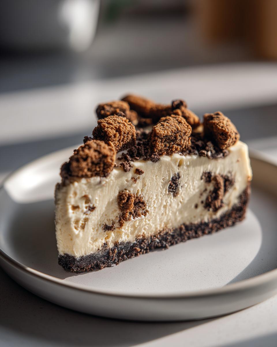 A slice of no bake cookie dough cheesecake with a chocolate cookie crust and cookie dough chunks.