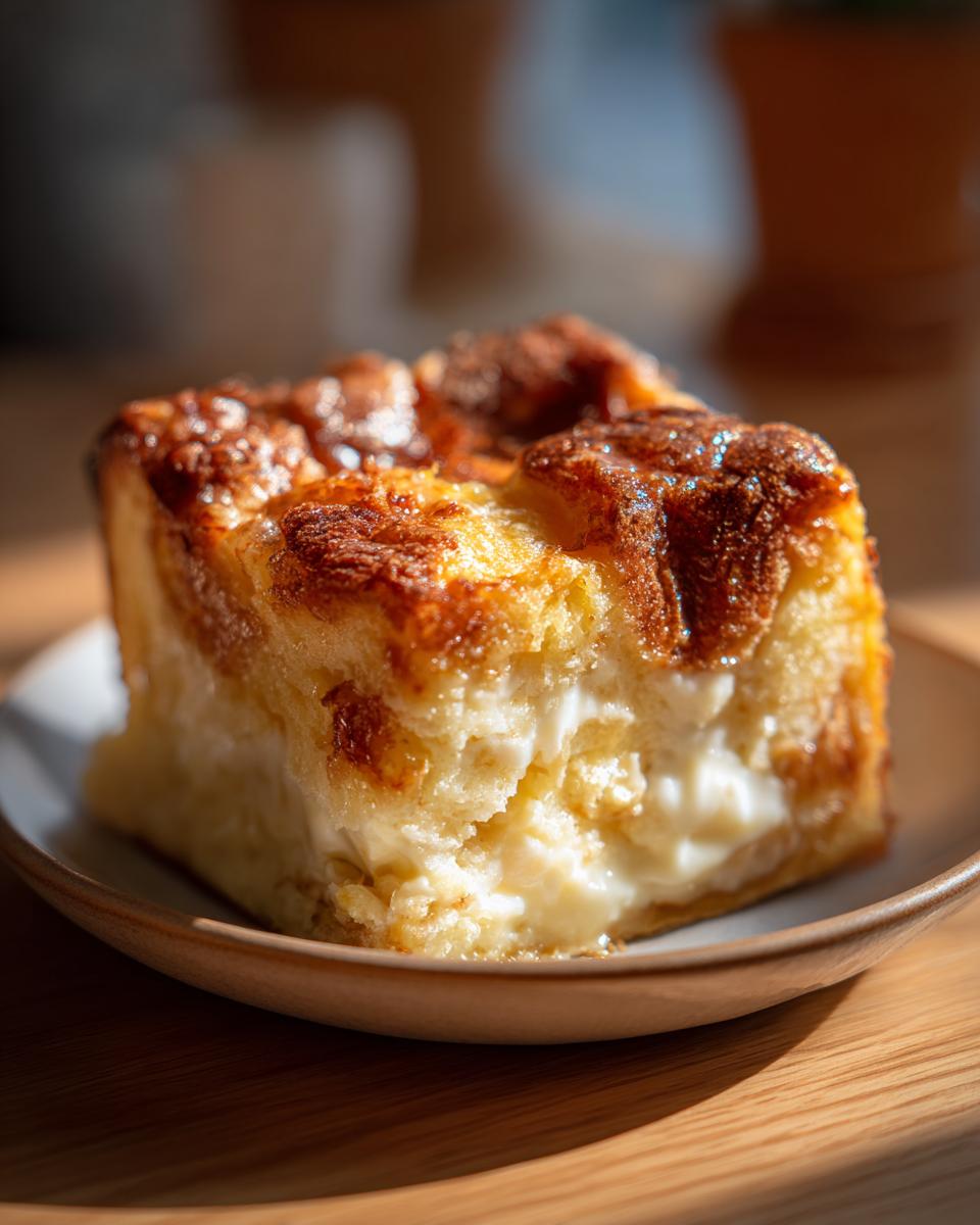 A close-up of a slice of old-fashioned bread pudding with a golden, caramelized top and creamy interior on a small plate.