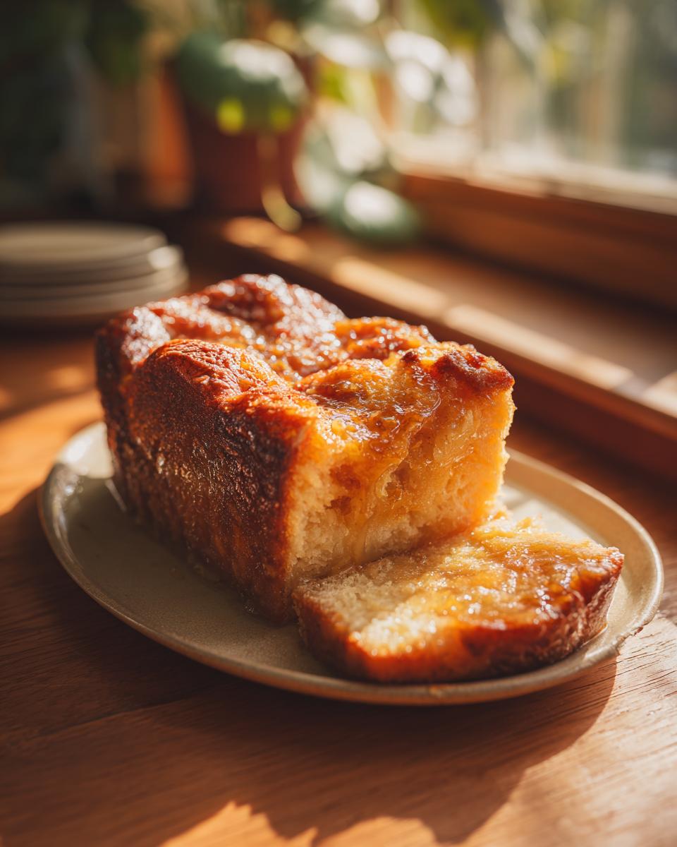 A slice of old-fashioned bread pudding with a glossy, caramelized topping, served on a plate.