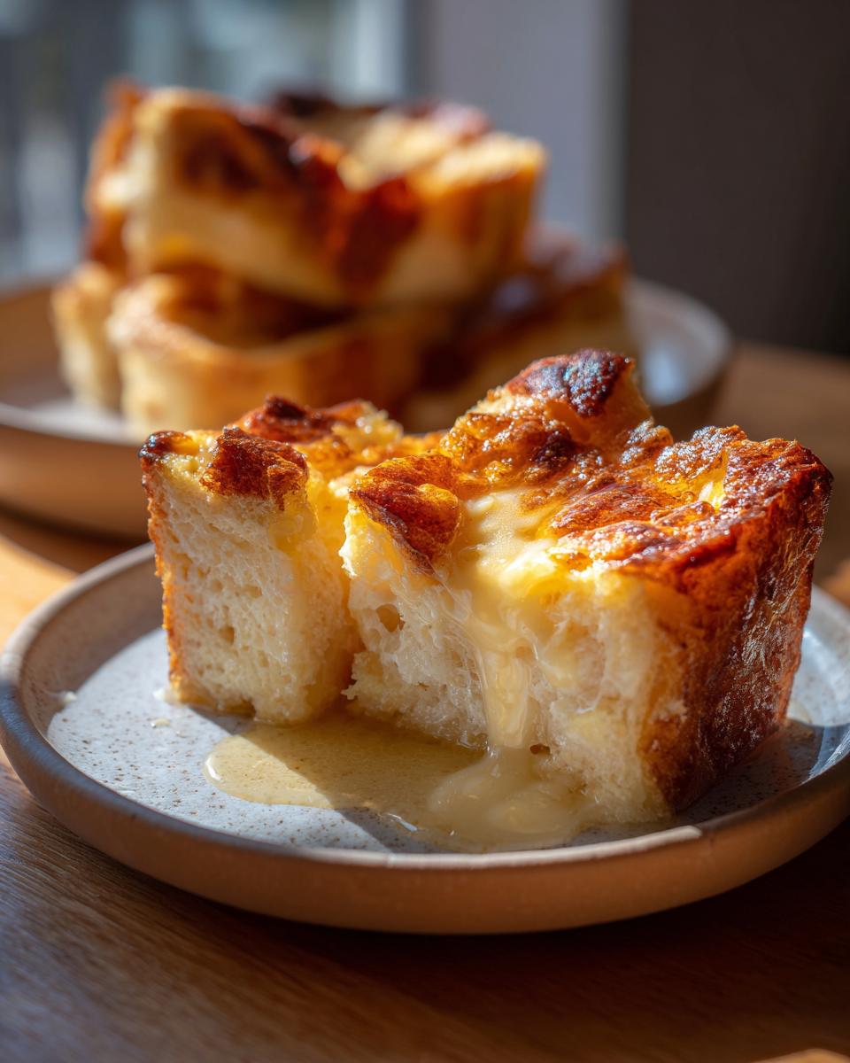A close-up of a slice of old-fashioned bread pudding, with a rich sauce oozing from its center.