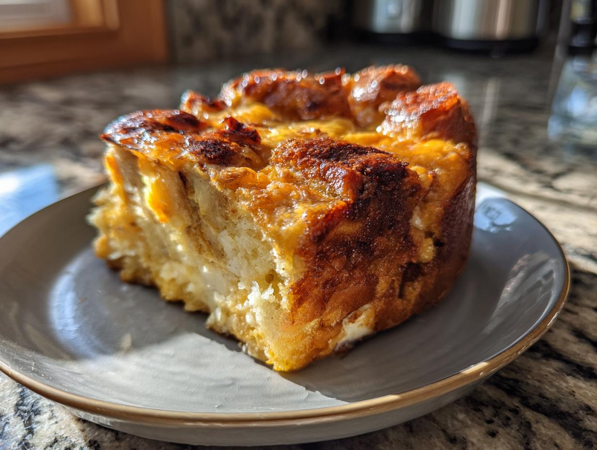 A delicious slice of old-fashioned bread pudding on a grey plate, with a golden-brown crust.