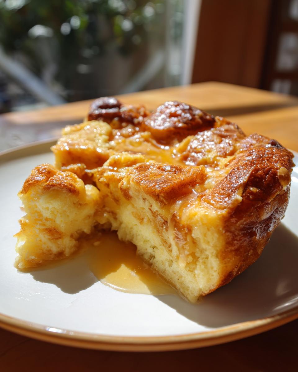 A close-up of a slice of old-fashioned bread pudding, glistening with syrup on a white plate.