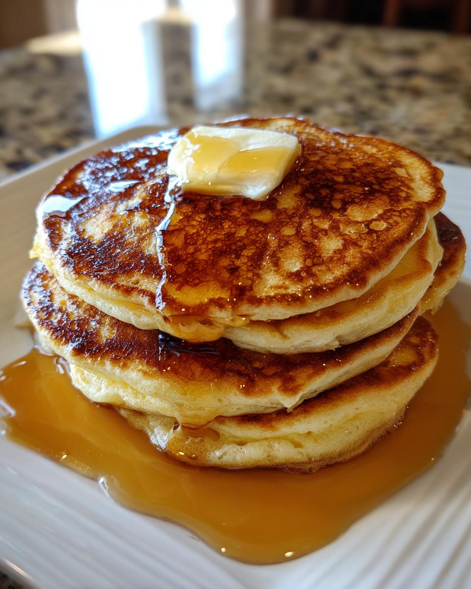 A stack of three fluffy old fashioned pancakes topped with a pat of butter and drizzled with maple syrup.