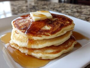 A stack of three fluffy old fashioned pancakes topped with butter and drizzled with syrup.