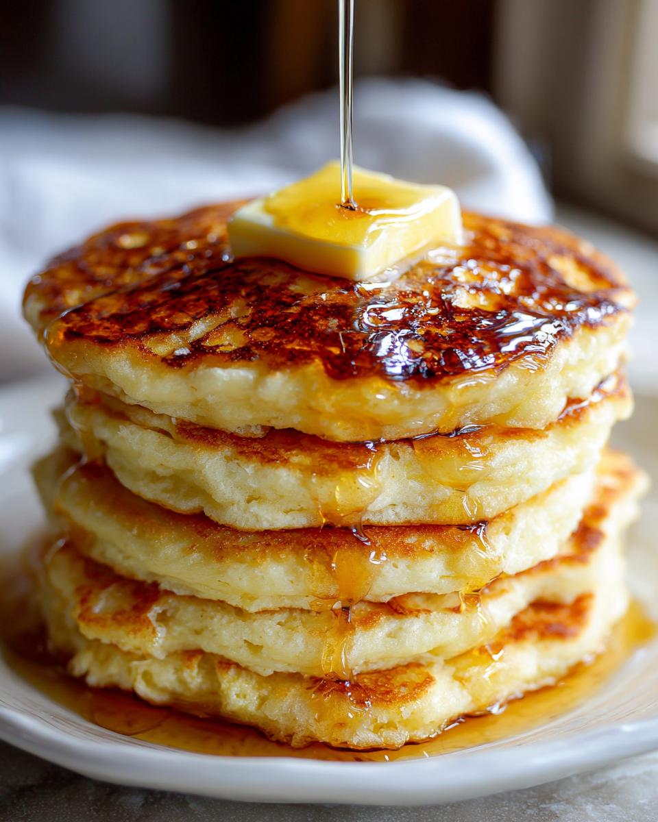 A stack of fluffy old fashioned pancakes being drizzled with syrup and topped with a pat of butter.