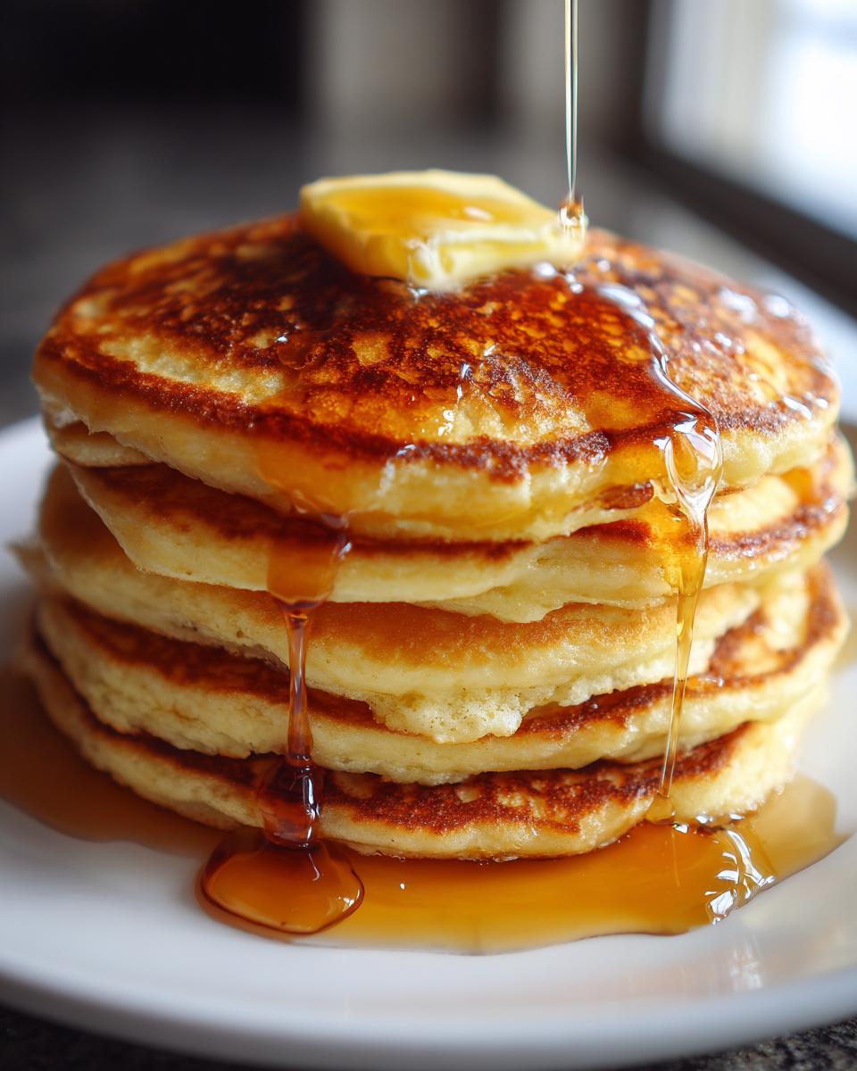 A tall stack of fluffy old fashioned pancakes, topped with a pat of butter and drizzled with golden syrup.