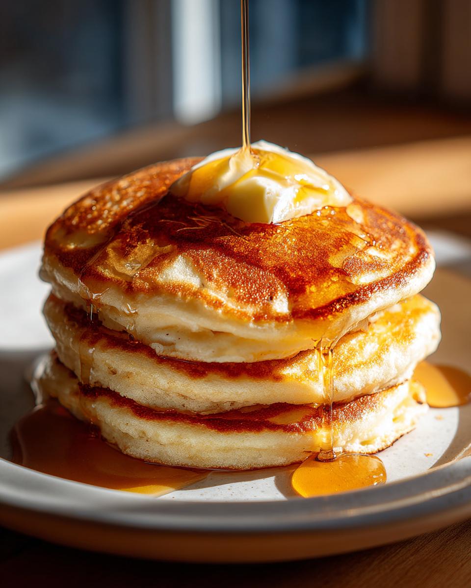 A stack of fluffy old fashioned pancakes being drizzled with syrup and topped with butter.