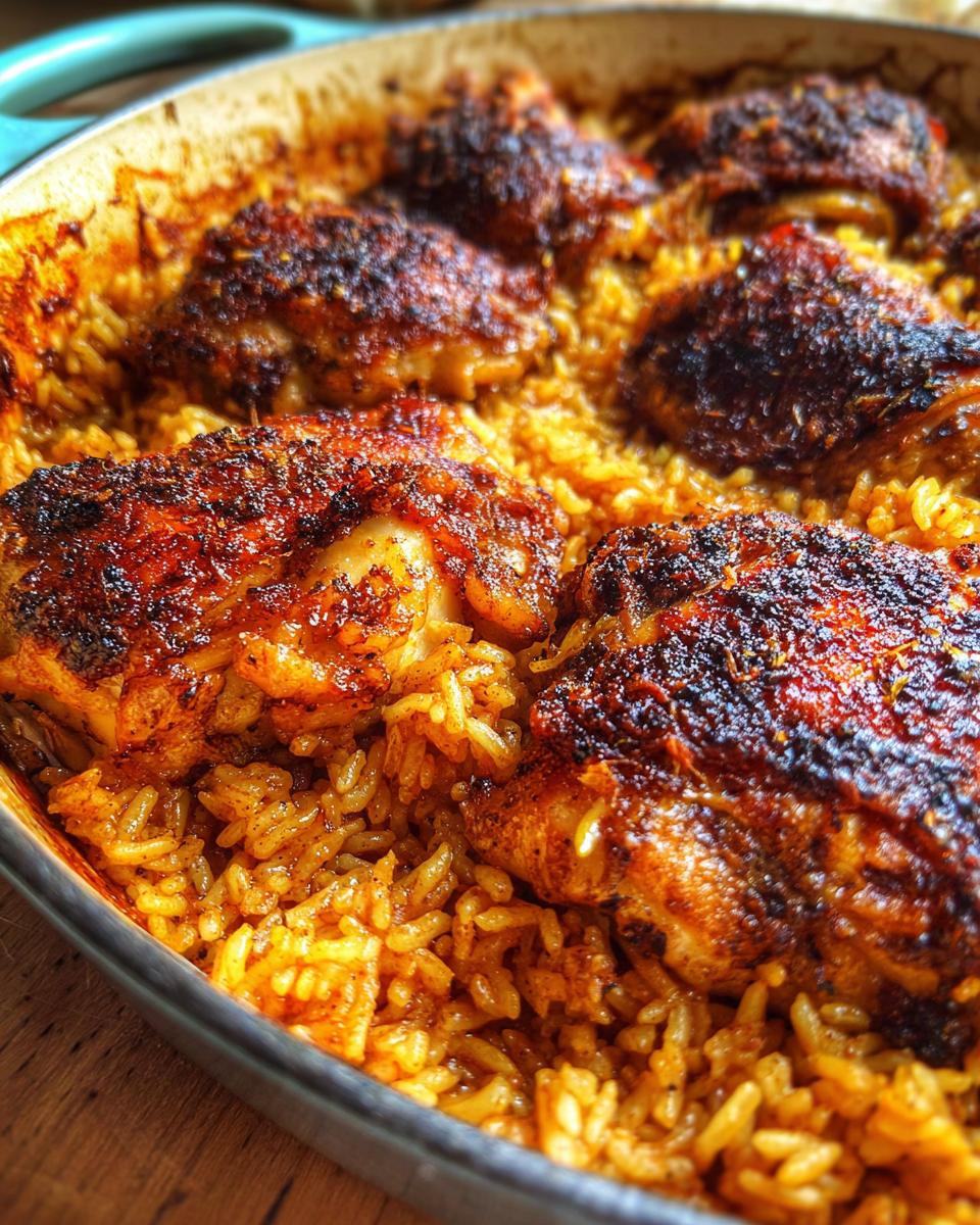 Close-up of golden brown oven baked chicken and rice in a cast iron skillet.