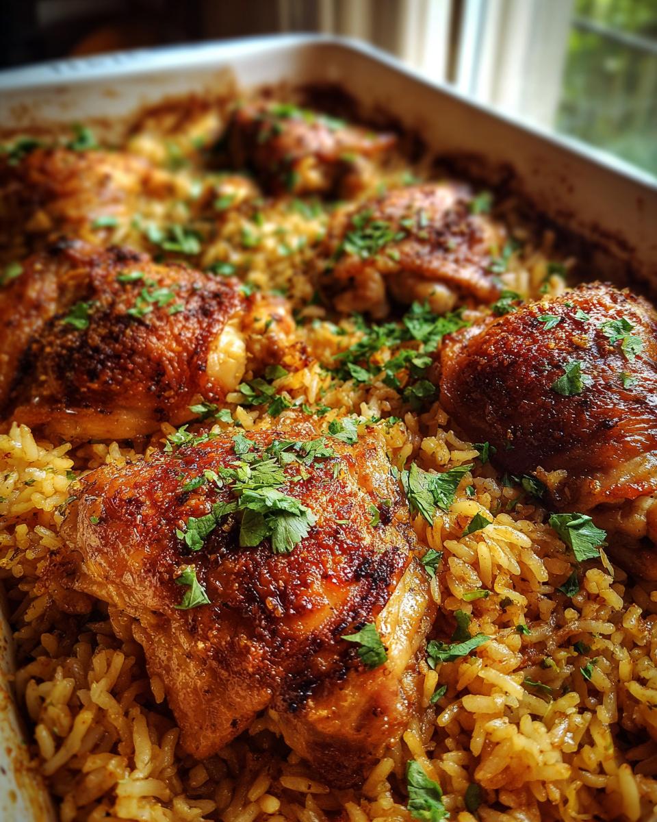 Close-up of golden brown oven baked chicken and rice, garnished with fresh parsley.