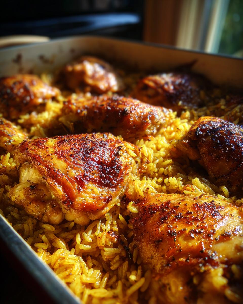 Close-up of golden brown oven baked chicken and rice in a baking dish, ready to serve.