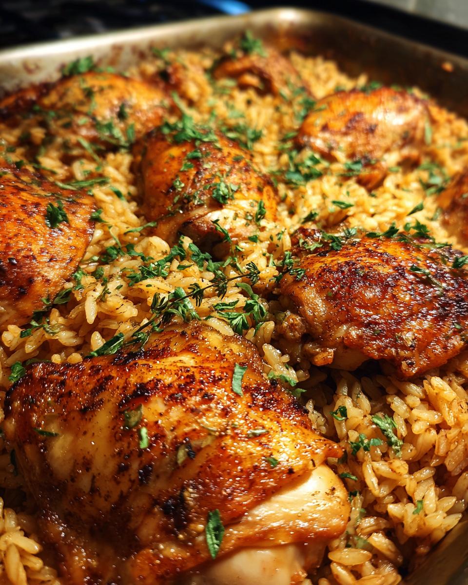 Close-up of golden brown oven baked chicken and rice, garnished with fresh parsley.