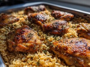 Close-up of golden brown oven baked chicken and rice dish, sprinkled with herbs.