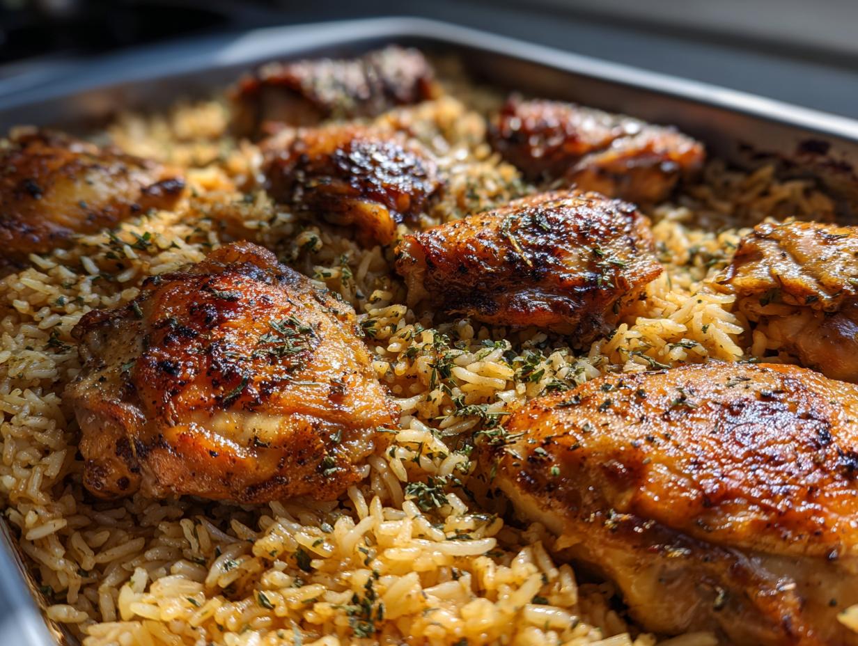 Close-up of golden brown oven baked chicken and rice dish, sprinkled with herbs.