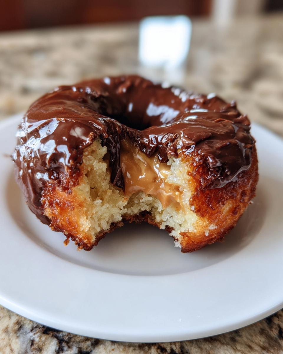 A bite taken out of a chocolate-glazed donut, revealing a gooey peanut butter cup filling.