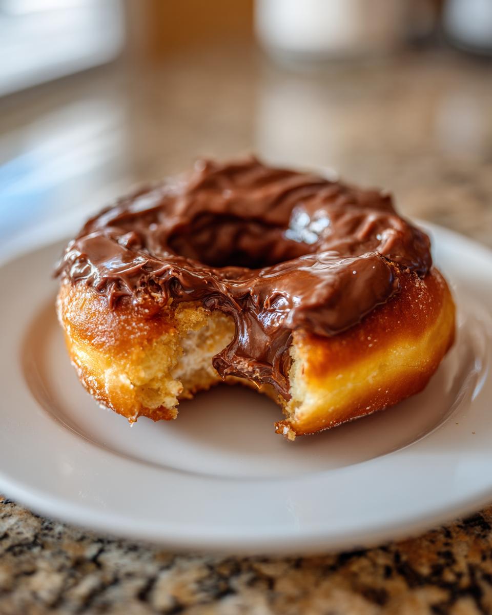 A close-up of a peanut butter cup stuffed donut with a bite taken out, showing the rich chocolate filling.