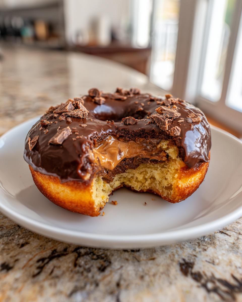 A bite taken out of a chocolate-glazed peanut butter cup stuffed donut, revealing creamy peanut butter filling.