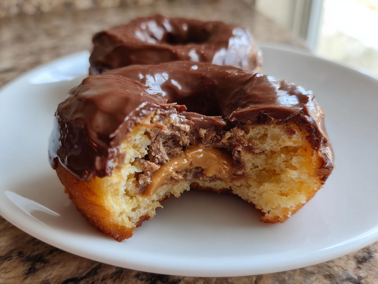 Close-up of a decadent peanut butter cup stuffed donut, showing the gooey peanut butter filling and chocolate glaze.