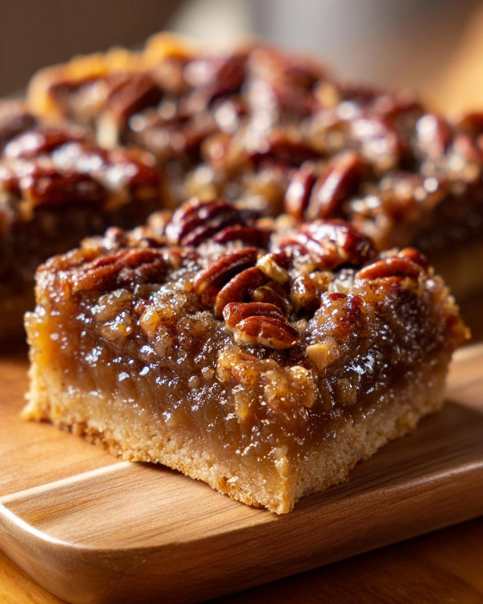 A close-up of a perfectly baked pecan pie bar, showcasing the gooey filling and crunchy pecans on a wooden board.