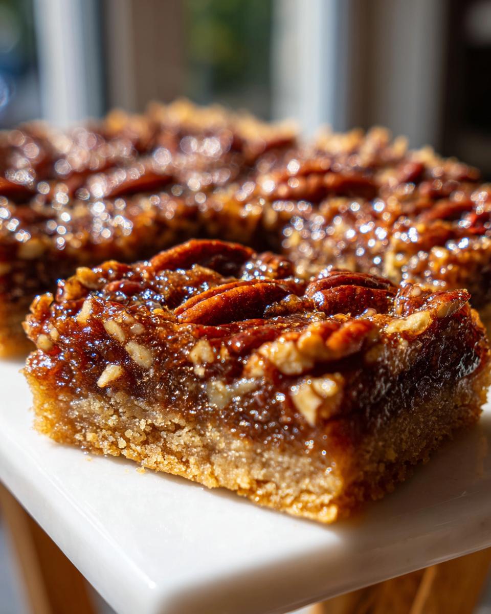 Close-up of a perfectly baked pecan pie bar, showcasing the gooey filling and whole pecans on top.