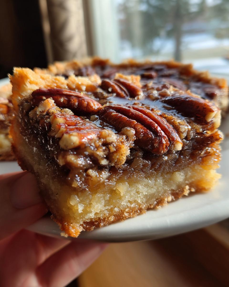A close-up shot of a perfectly baked pecan pie bar, showcasing the flaky crust and gooey pecan filling.