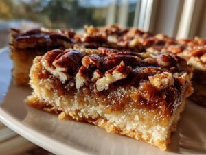 Close-up of a slice of pecan pie bars with a flaky crust and gooey pecan topping.