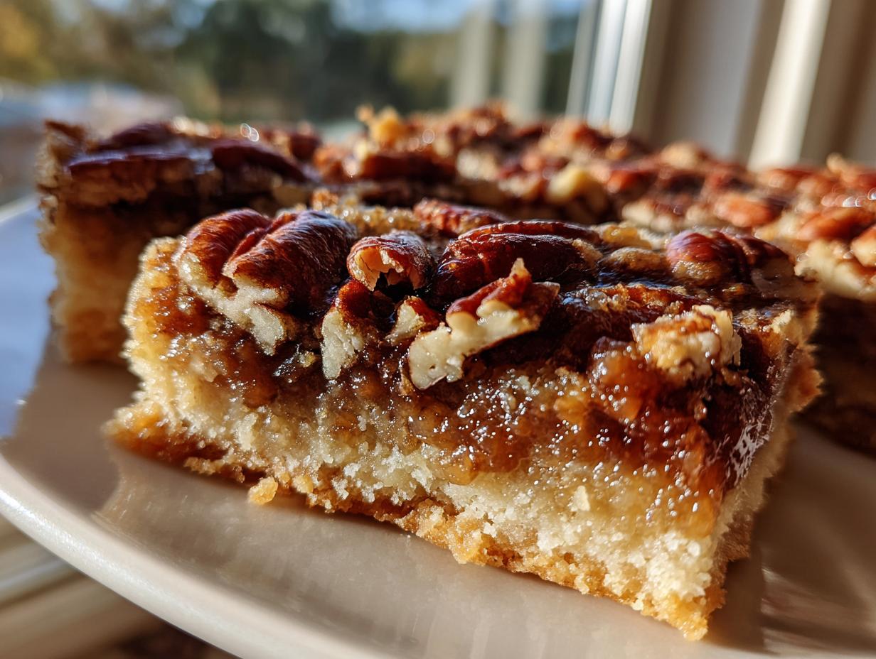 Close-up of a slice of pecan pie bars with a flaky crust and gooey pecan topping.