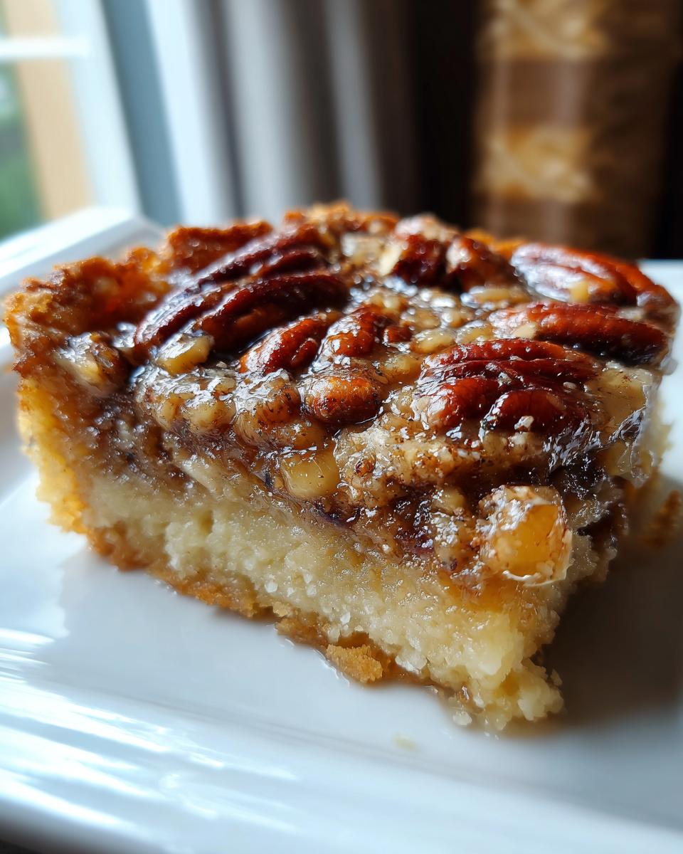 A close-up of a single slice of pecan pie bars on a white plate, showcasing the flaky crust and gooey pecan topping.