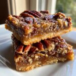 Two stacked pecan pie bars on a white plate, showcasing a gooey filling and whole pecans.