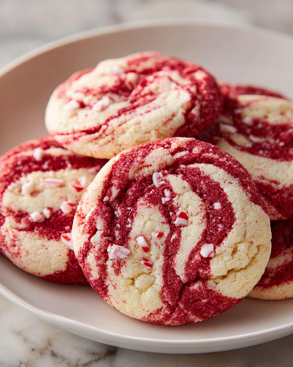 A close-up of several delicious peppermint swirl cookies topped with crushed candy canes on a white plate.
