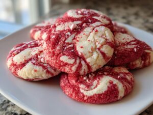 A close-up of several peppermint swirl cookies topped with crushed candy canes on a white plate.