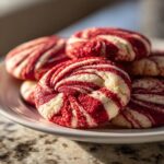 Close-up of several festive peppermint swirl cookies with red and white stripes and sparkling sugar.