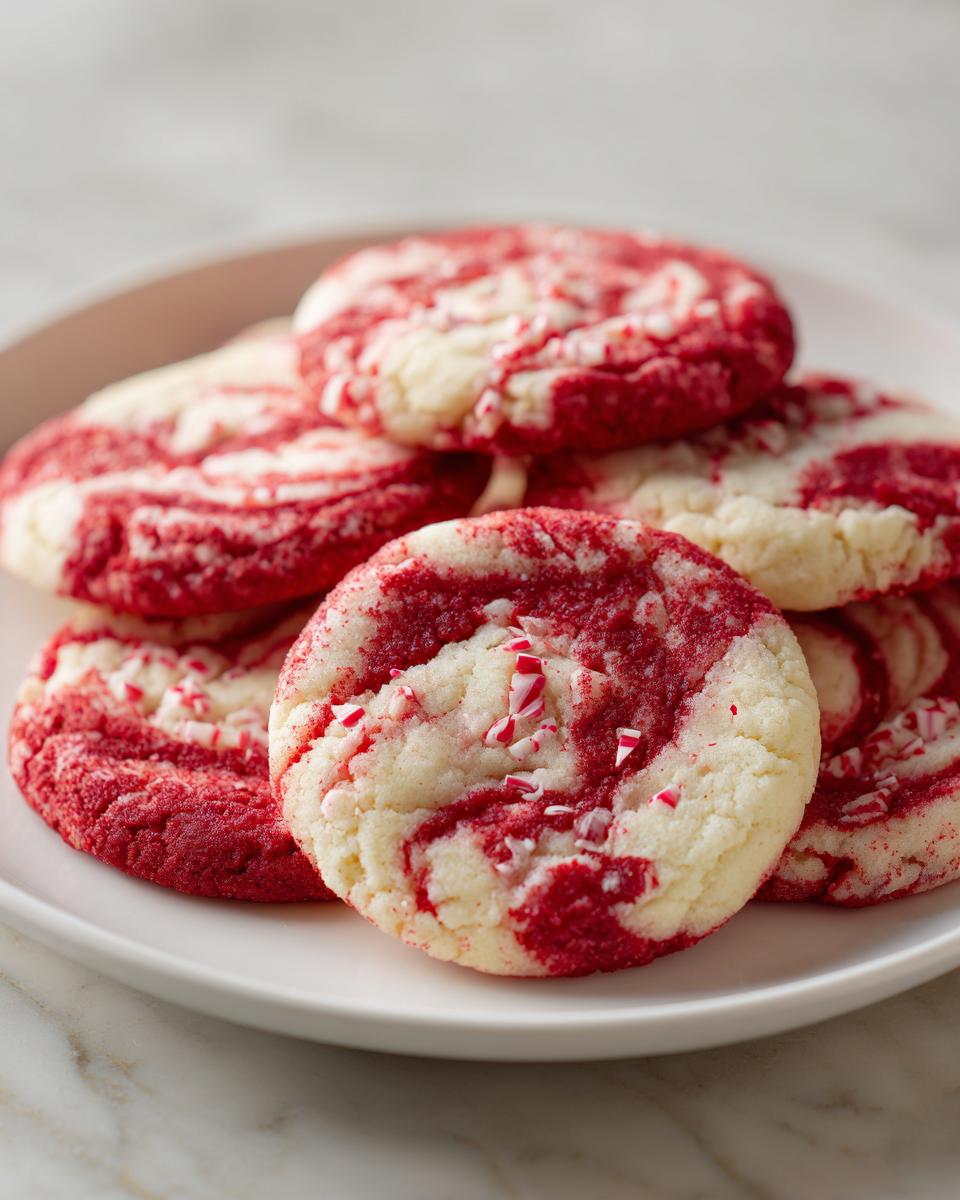 A close-up of several delicious peppermint swirl cookies piled on a white plate, sprinkled with crushed candy canes.